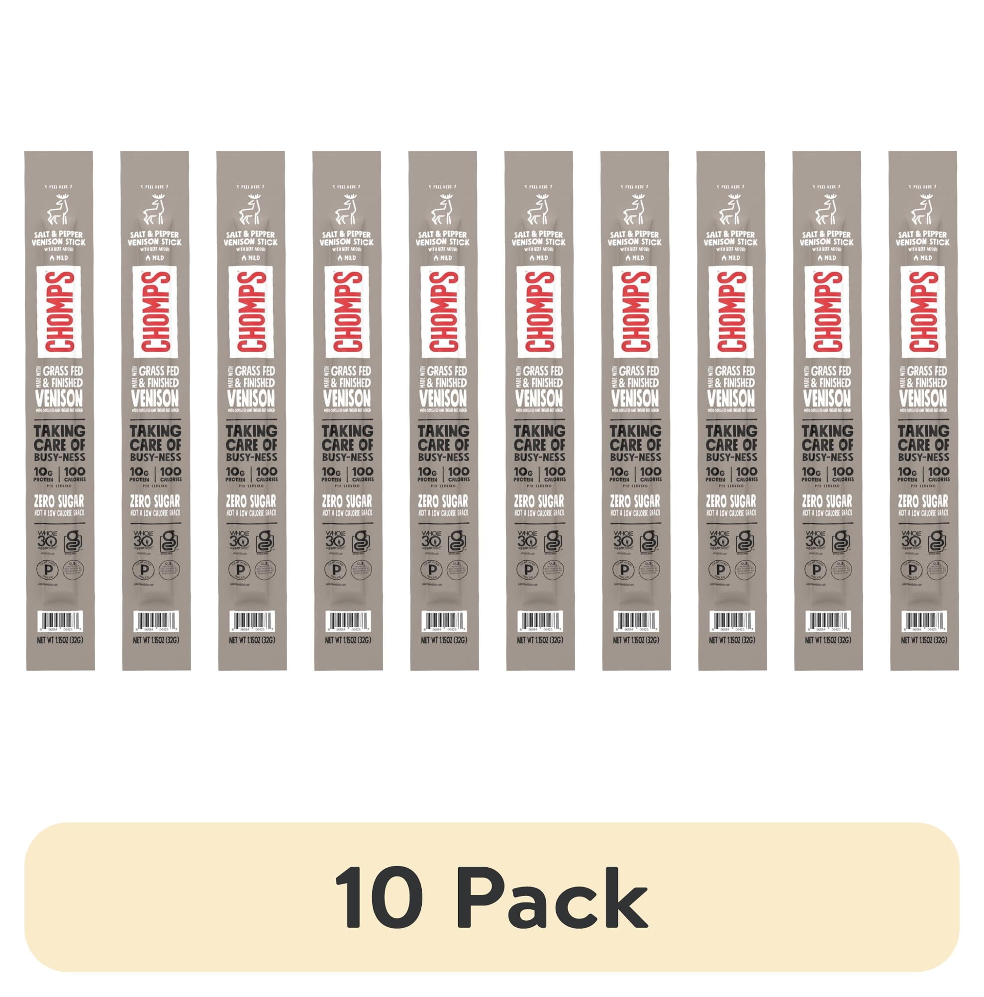 (10 pack) Chomps Grass-Fed and Finished Sea Salt & Pepper Venison Jerky Snack Stick, 10g of Protein