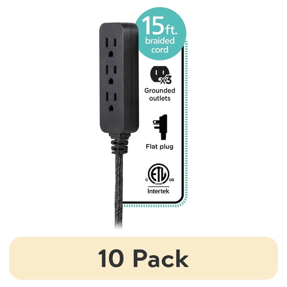 Three Pin Plug Point (10 pack) Cordinate Designer 15' Power Strip Surge Protector, UL Listed ...