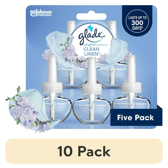 (10 pack) Glade PlugIns Scented Oil 5 Refills, Air Freshener, Clean Linen, Essential Oil Infused Wall Plug In, 3.35 FL oz, Pack of 5