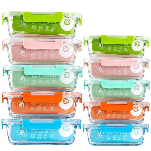 [10-pack Glass Food Storage Containers (a Set Of Five Colors) Meal Prep ...