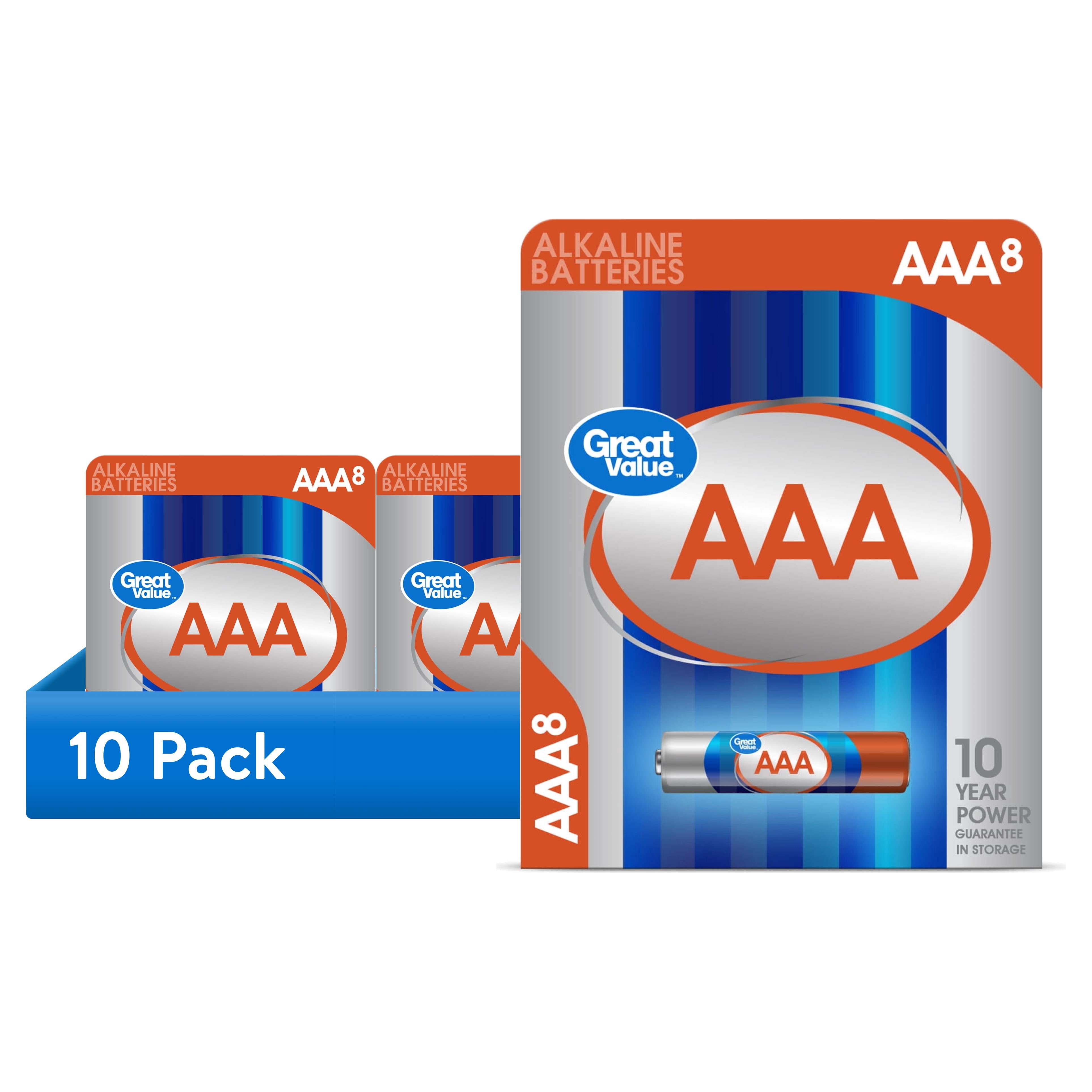 (10 pack) Great Value Alkaline AAA Batteries, 8 Count (Plastic Free Packaging)