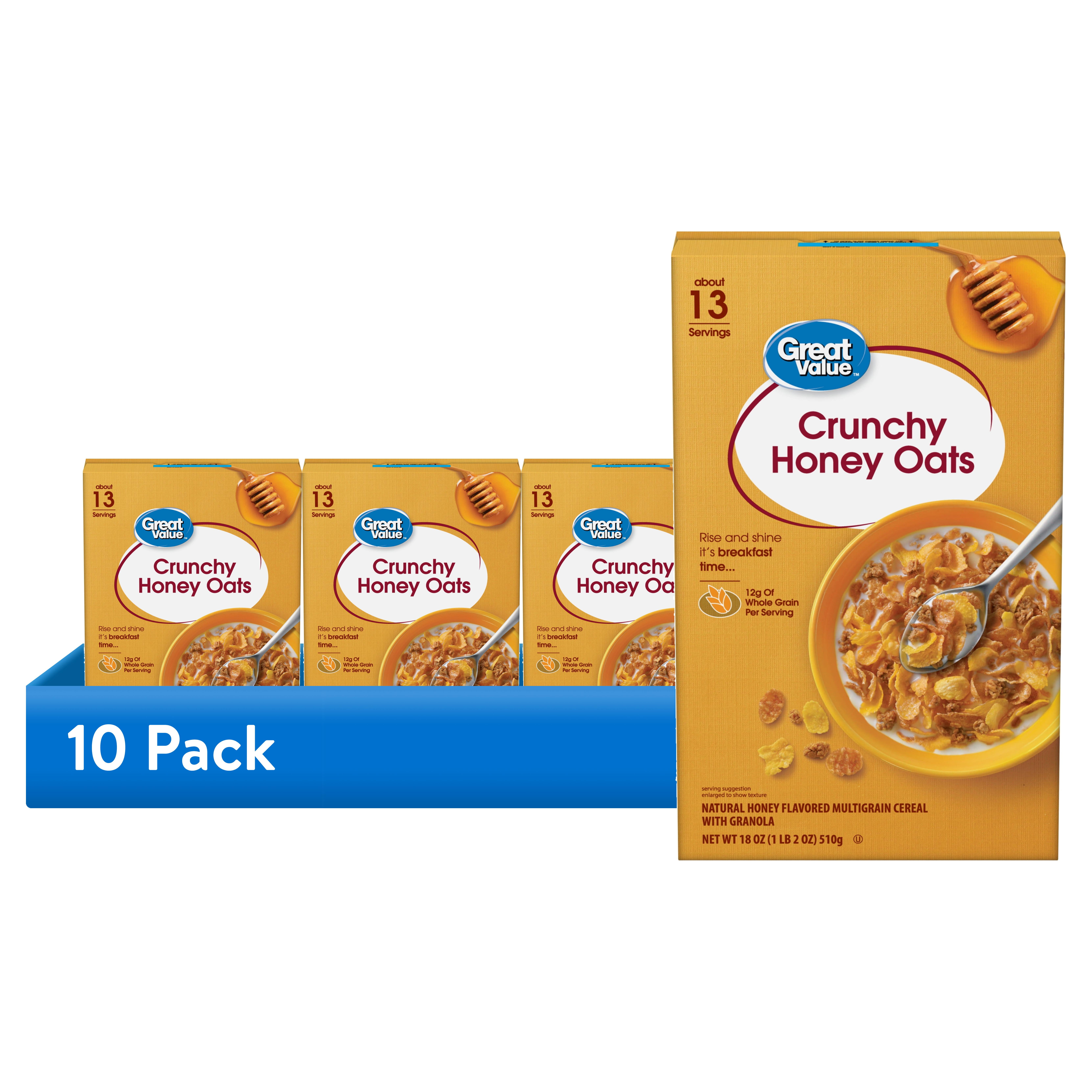 (10 pack) Great Value Crunchy Honey Oats Breakfast Cereal, 18 oz
