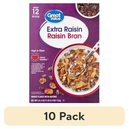 (10 pack) Great Value Extra Raisin Bran, Wheat Flakes Cereal, 25.5 oz