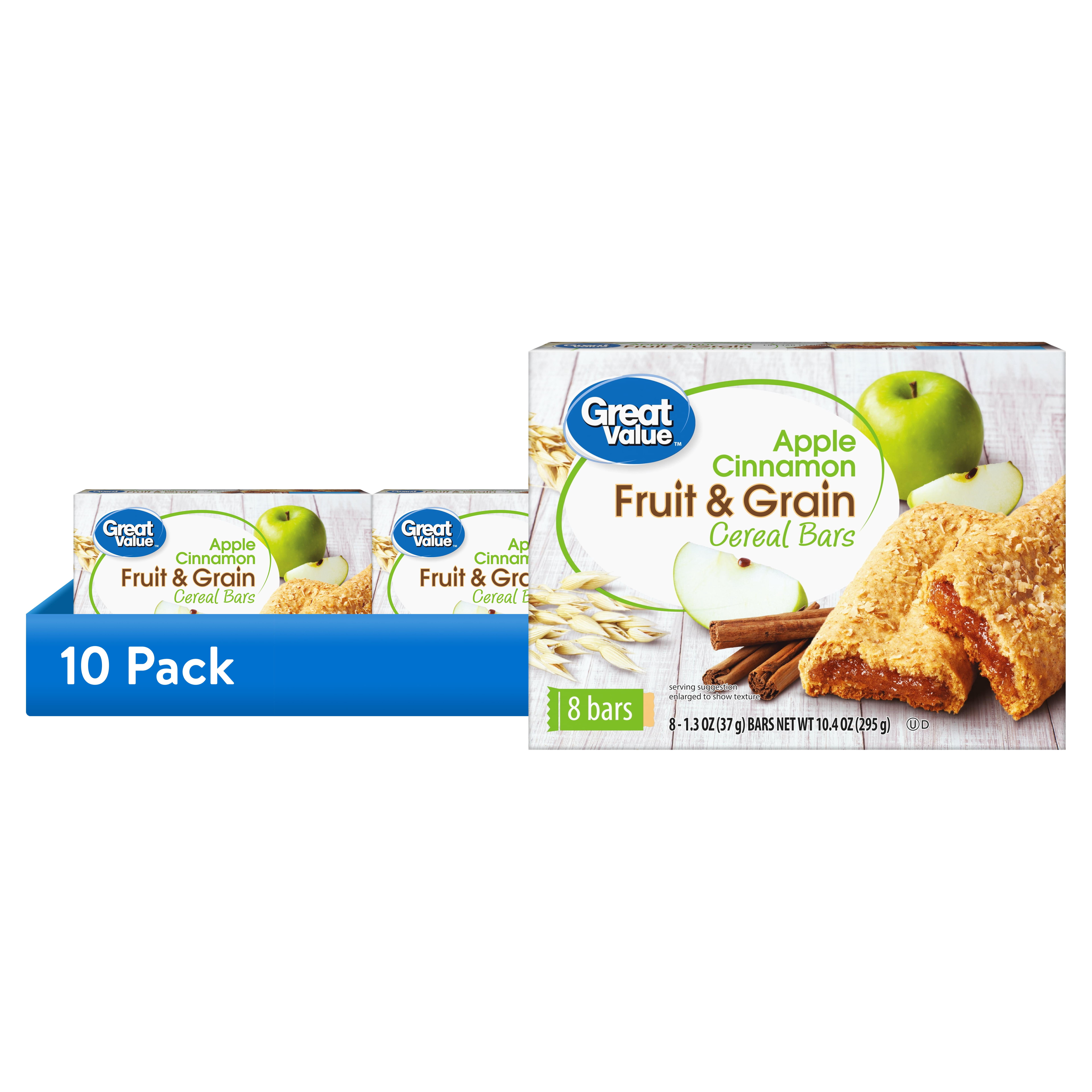 (10 pack) Great Value Fruit & Grain Cereal Bars Apple, Cinnamon, 10.4 ...