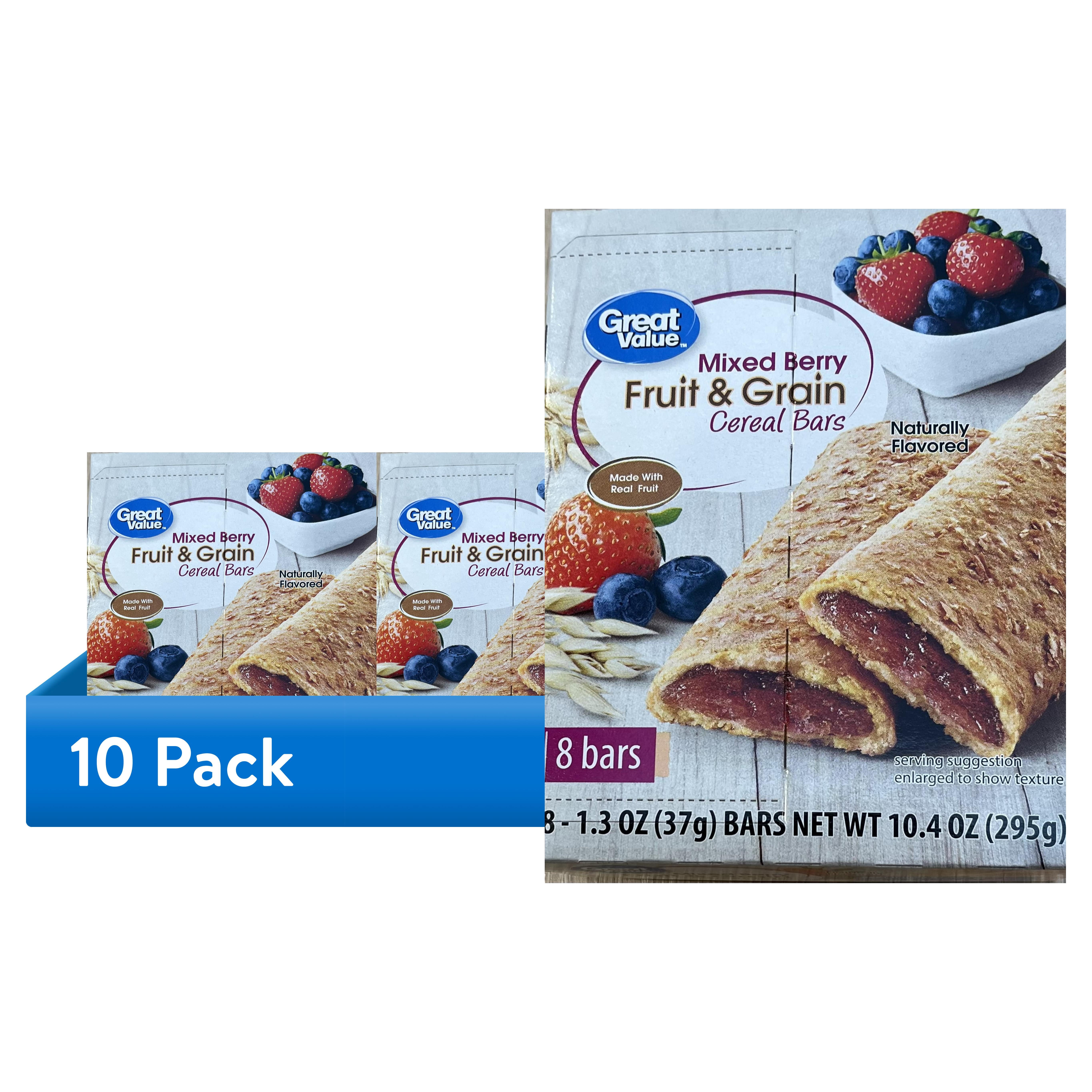 (10 pack) Great Value Fruit and Grain Bars Mixed Berries, 1.3 oz, 8 Count