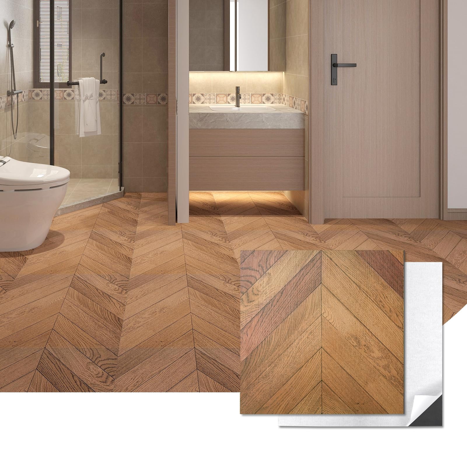10-pack Herringbone Peel And Stick Vinyl Floor Tiles  12" X Self Adhesive Waterproof Wood Flooring Plank For Living Room Kitchen Bathroom Bedroom Cover 10 Sq. Ft Brown