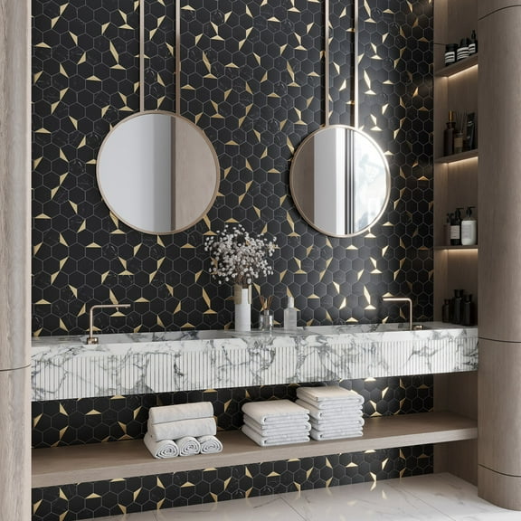 10 pack Hexagon Black and Gold 11.6 in.x11.5 in. Metal Peel and Stick Backsplash Tile for Kitchen and Bathroom (8.3 sq ft./Case)