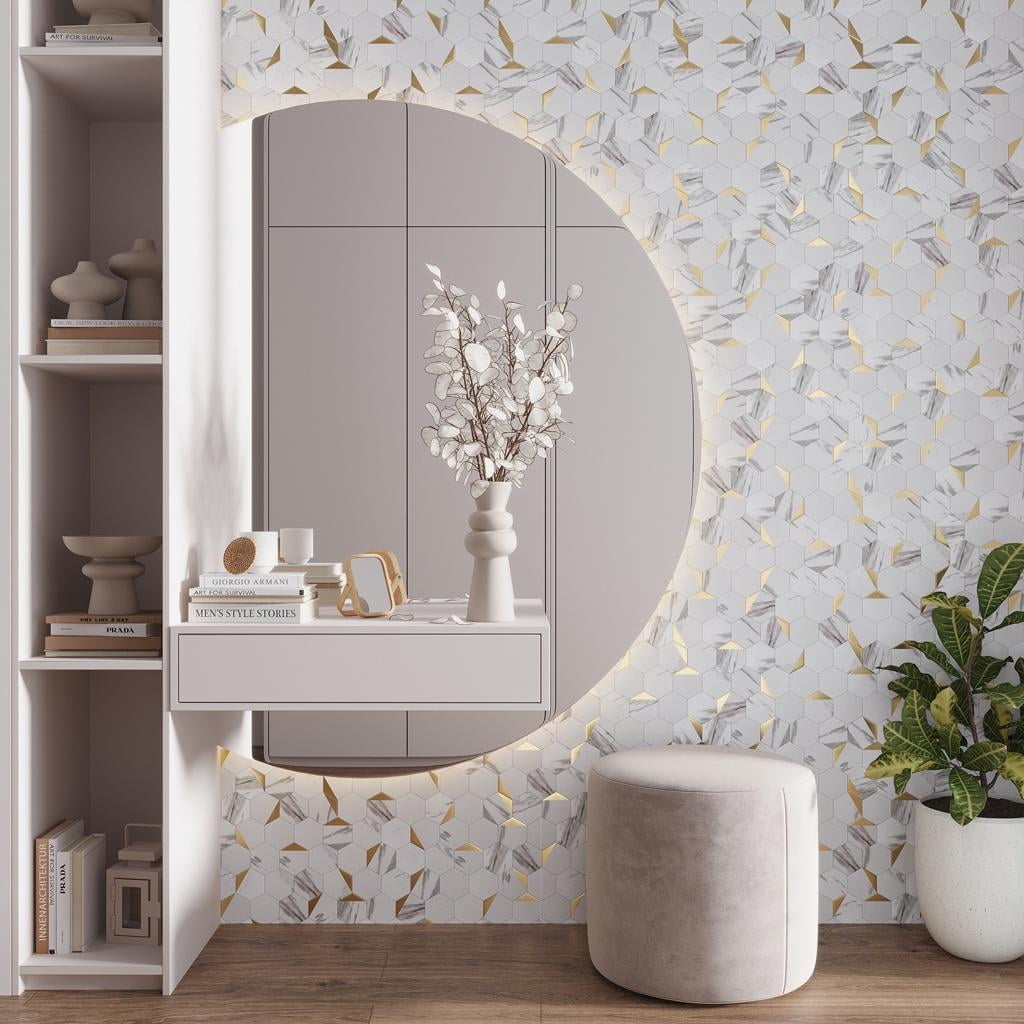 10 pack Hexagon White and Gold 11.6 in.x11.5 in. Metal Peel and Stick Backsplash Tile for Kitchen and Bathroom (8.3 sq ft/Case)