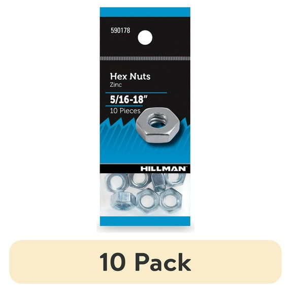(10 pack) Hillman Hex Nuts, 5/16-18", Corrosion Resistant, Steel, Zinc Finish, Silver, 10 pack