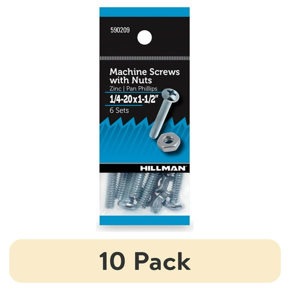 (10 pack) Hillman Pan Head Phillips Machine Screw 1/4-20 x 1-1/2", Zinc, Steel, 6 Sets