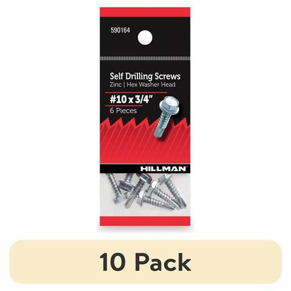(10 pack) Hillman Self Drilling Screws, Hex Washer Head, #10 x 3/4" Zinc Plated, Steel, Pack of 6