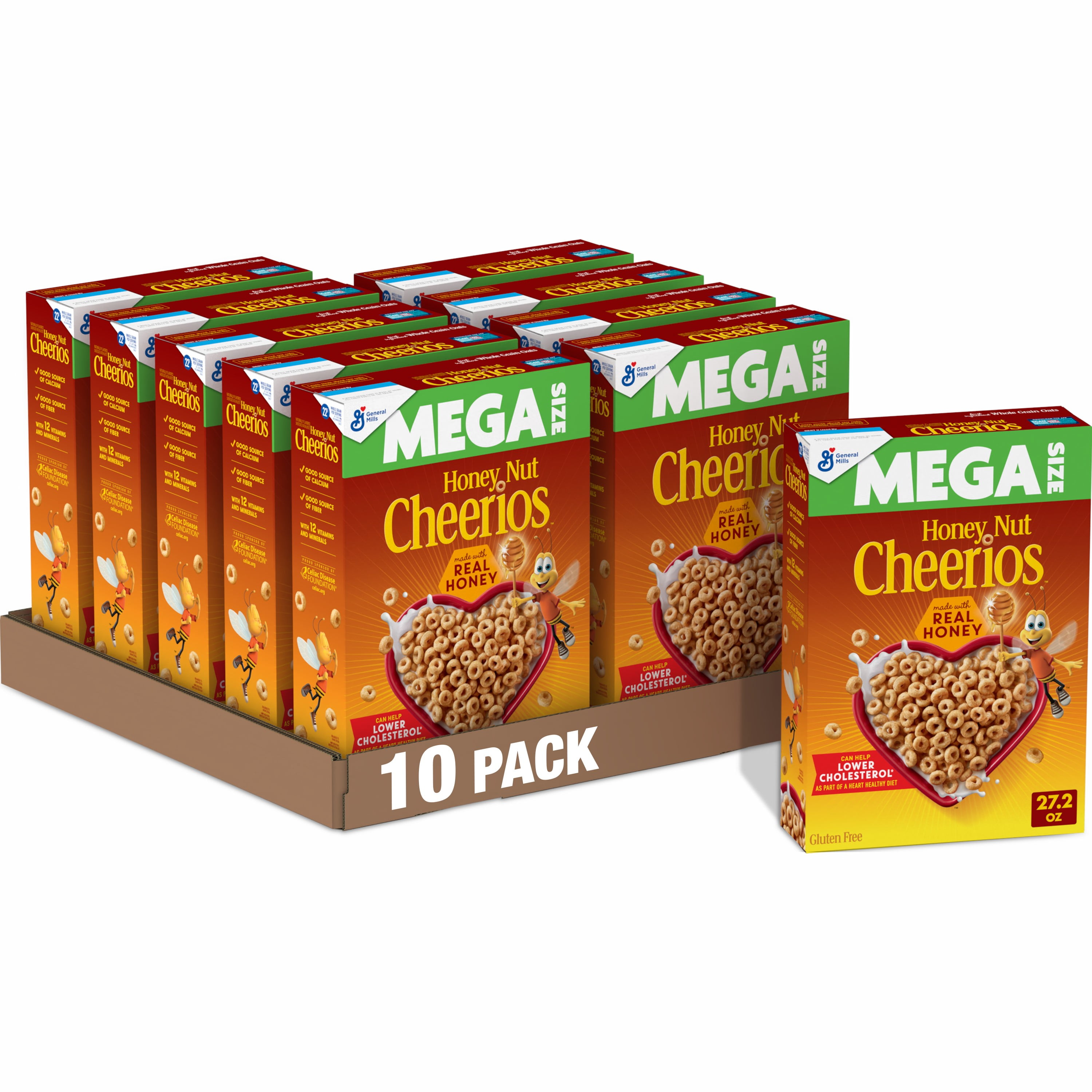 (10 pack) Honey Nut Cheerios, Heart Healthy Gluten Free Breakfast Cereal, Mega Size, 27.2 oz