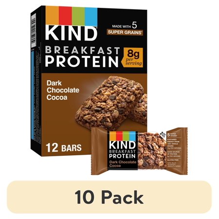 (10 pack) KIND Breakfast Gluten Free Dark Chocolate Cocoa Protein Snack Bars, 1.76 oz, 12 Count