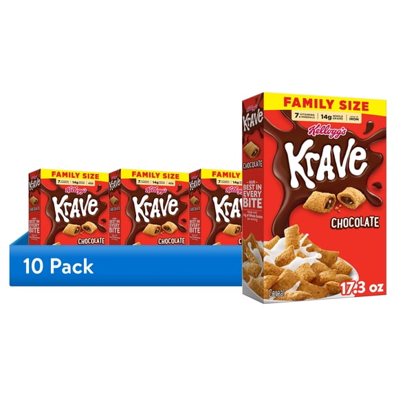 (10 pack) Kellogg's Krave Breakfast Cereal, Kids Cereal, Family Breakfast, Family Size, Chocolate, 17.3oz Box (1 Box)