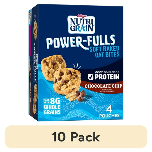 (10 pack) Kellogg's Nutri-Grain Power-Fulls Chocolate Chip Chewy Soft Baked Oat Bites, Protein Snacks, 5.6 oz, 4 Count