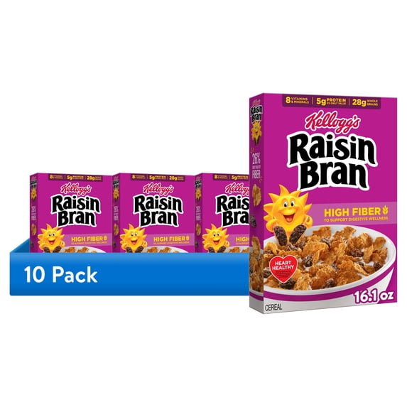 (10 pack) Kellogg’s Raisin Bran Breakfast Cereal, High Fiber, 28g Whole Grain, 16.1 oz
