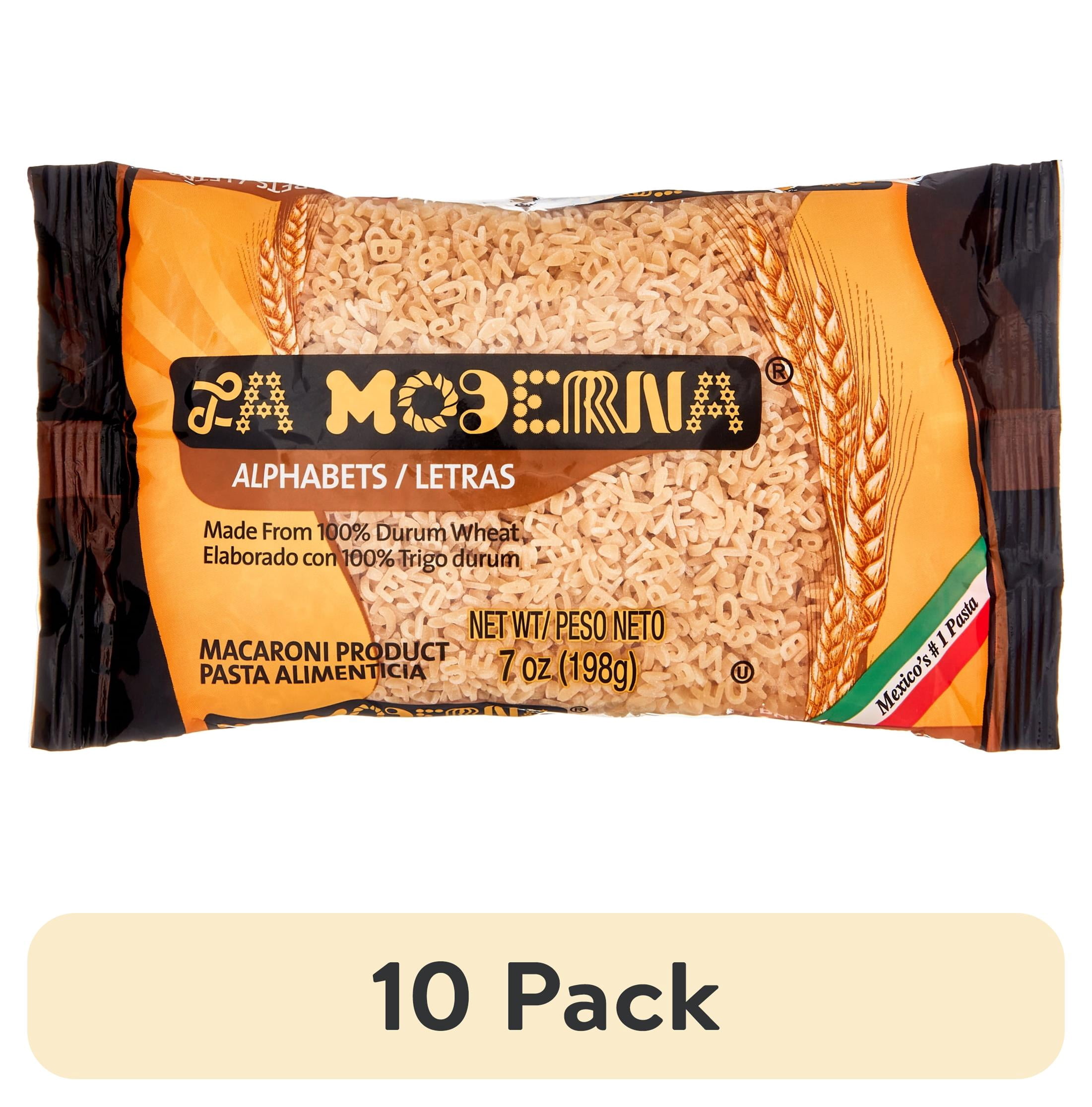 (10 pack) La Moderna Alphabet Pasta has been of preference for many generations, made from 100% durum wheat with a 7 oz convenient size. To cook this delicious pasta, follow simple included instructions.
