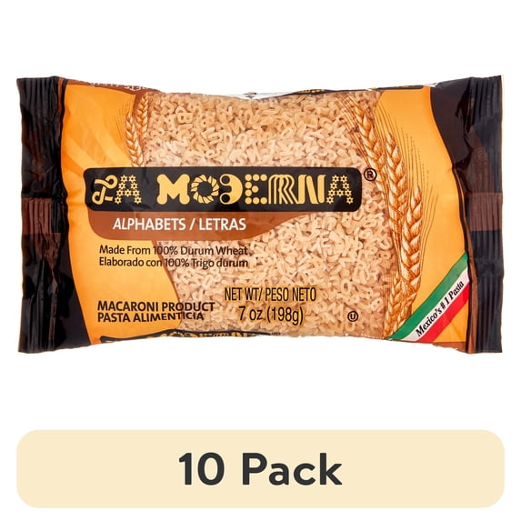 (10 pack) La Moderna Alphabet Pasta has been of preference for many generations, made from 100% durum wheat with a 7 oz convenient size. To cook this delicious pasta, follow simple included instructions.