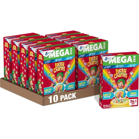 (10 pack) Lucky Charms Gluten Free Cereal with Marshmallows, Kids Cereal, Mega Size, 26.1 oz