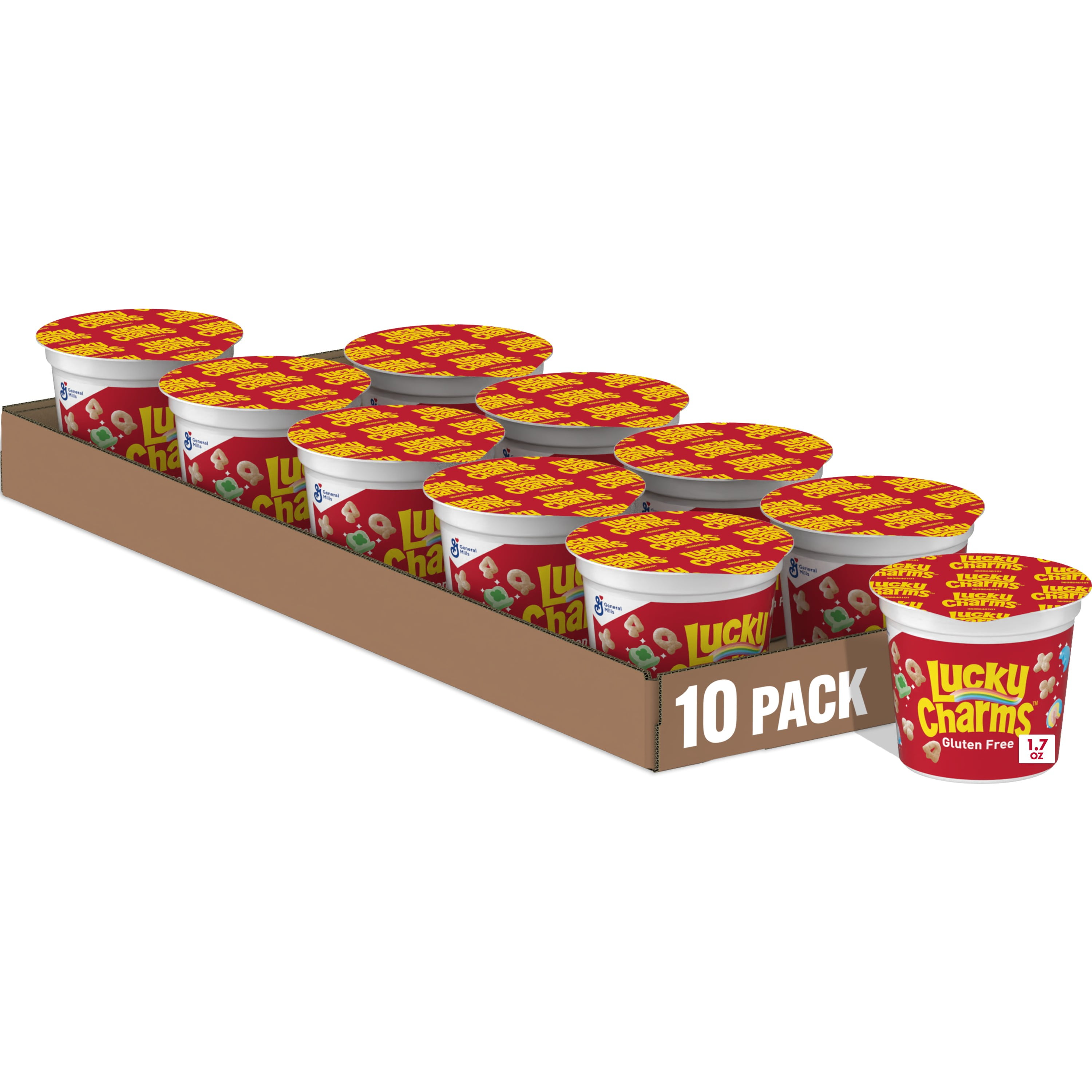 (10 pack) Lucky Charms with Marshmallows Cereal Cup, Gluten Free, Single Serve Cereal, 1.7 oz