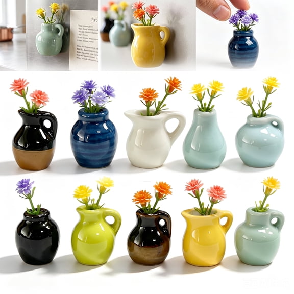 10-pack Mini Magnetic Vases with Faux Flowers for Fridge, Whiteboard and Locker Decor