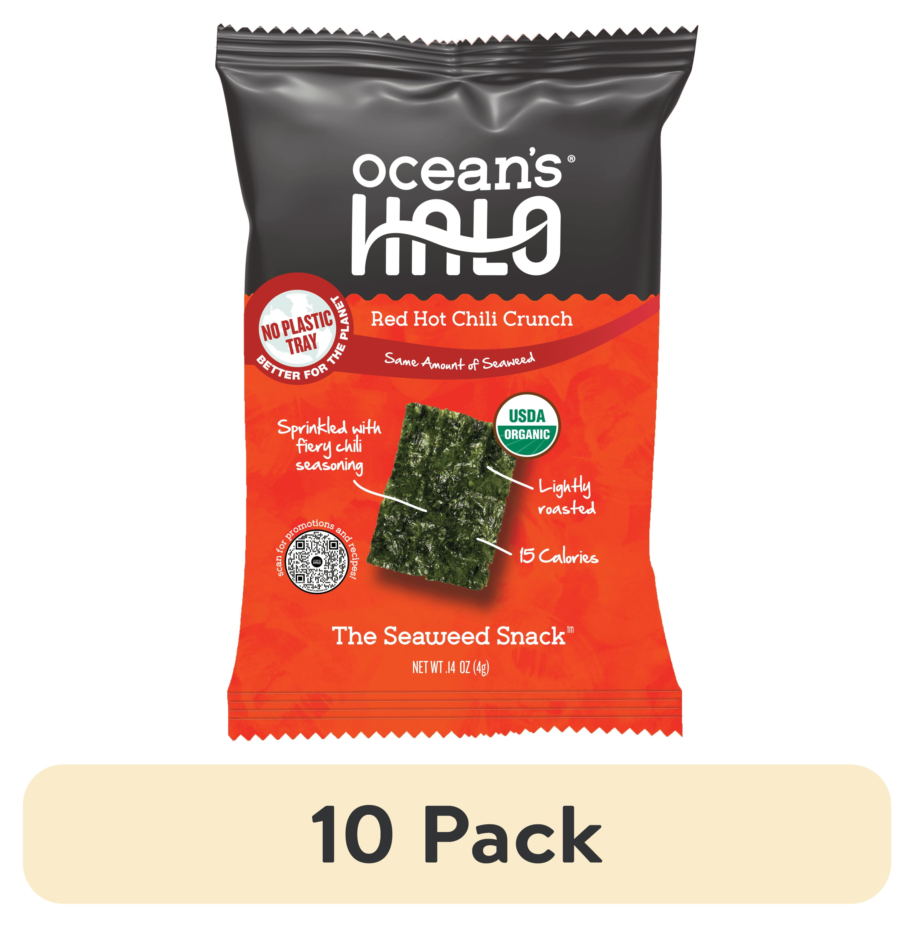 (10 pack) Ocean's Halo, Organic Trayless Seaweed Snack, Red Hot Chili Crunch, Vegan, No Plastic Tray, 0.14 oz