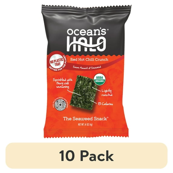(10 pack) Ocean's Halo, Organic Trayless Seaweed Snack, Red Hot Chili Crunch, Vegan, No Plastic Tray, 0.14 oz