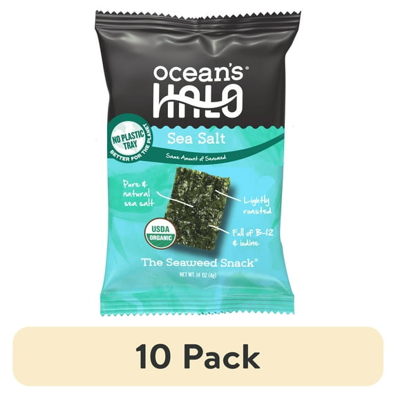 (10 pack) Ocean's Halo, Organic Trayless Seaweed Snack, Sea Salt, Vegan, No Plastic Tray, 1pk Nori, Shelf-Stable, 0.14 oz
