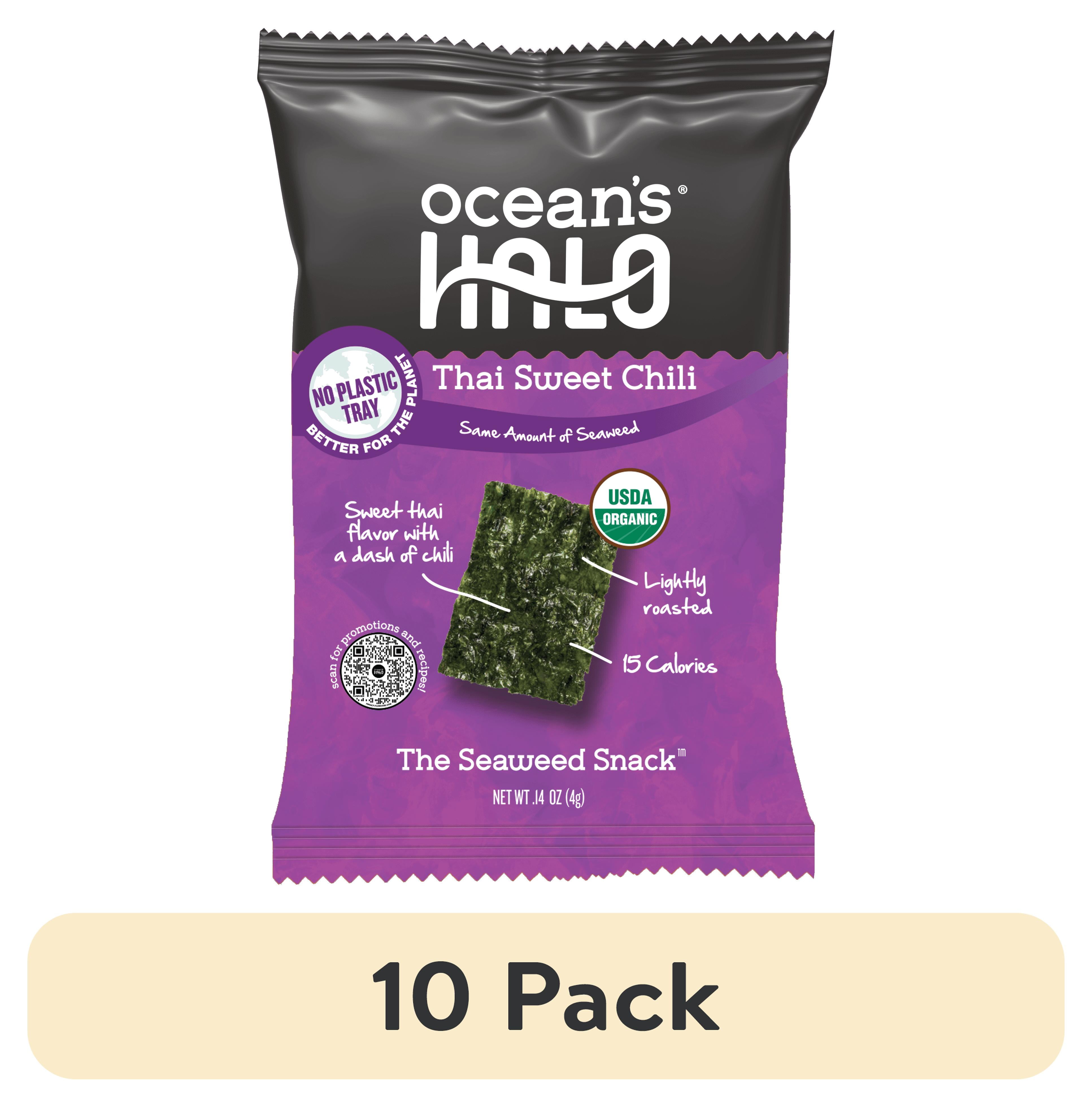 (10 pack) Ocean's Halo, Organic Trayless Seaweed Snack, Thai Sweet Chili, Vegan, Shelf-Stable Nori, No Plastic Tray, 0.14 oz