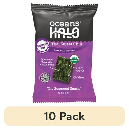 (10 pack) Ocean's Halo, Organic Trayless Seaweed Snack, Thai Sweet Chili, Vegan, Shelf-Stable Nori, No Plastic Tray, 0.14 oz