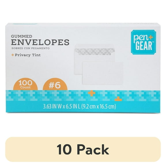 (10 pack) PEN + GEAR #6 Privacy Tint Gummed Envelopes, White, 3.63 in x 6.5 in, 100 Count