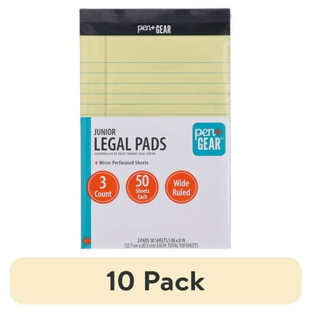 (10 pack) Pen+Gear Jr. Legal Pads, Canary Color Paper, 5" x 8", Wide Ruled, 50 Sheets, 3 Count per Pack