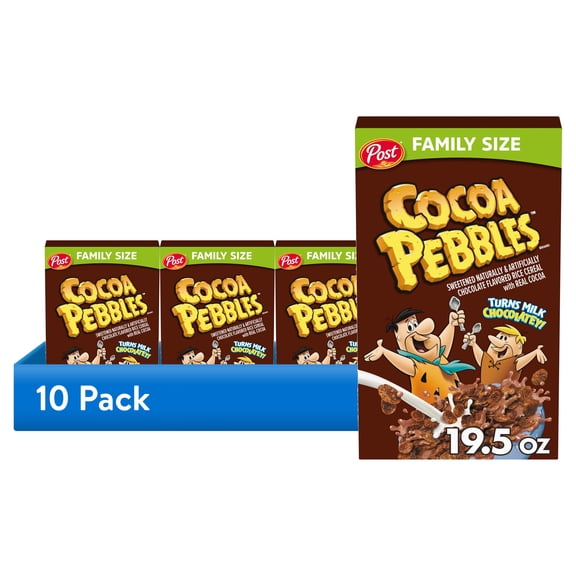 (10 pack) Post Cocoa PEBBLES Breakfast Cereal, Gluten Free & Chocolatey, Family Size Box, 19.5 oz