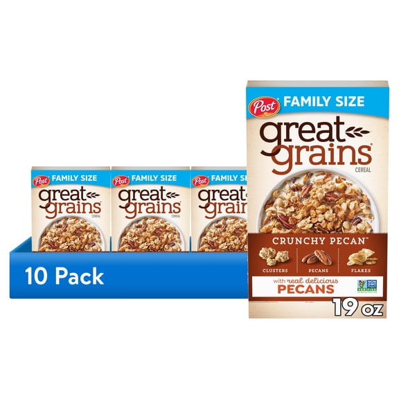 (10 pack) Post Great Grains Crunchy Pecan Breakfast Cereal, Non GMO, Heart Healthy, Low Fat, Whole Grain, 19oz