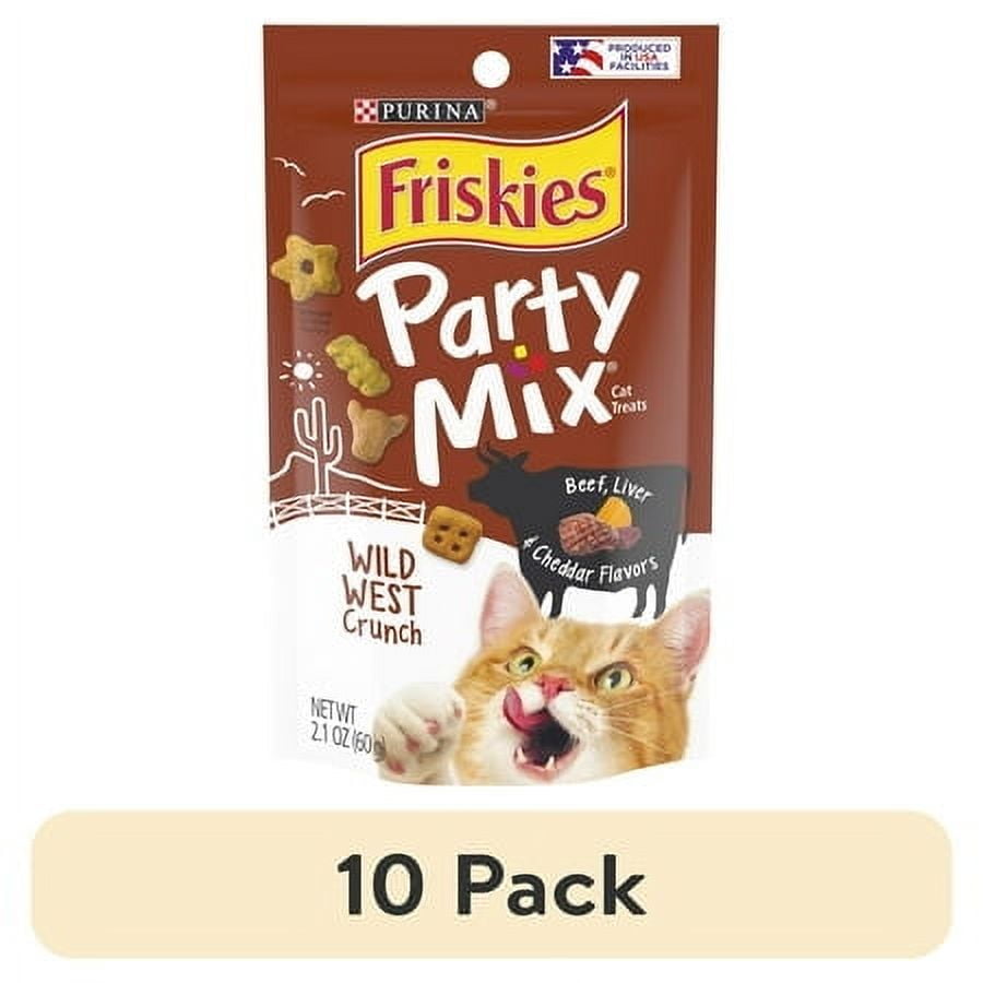 (10 pack) Purina Friskies Party Mix Wild West Crunch Cat Treats, Beef, Liver, & Cheddar, 2.1 oz Bag