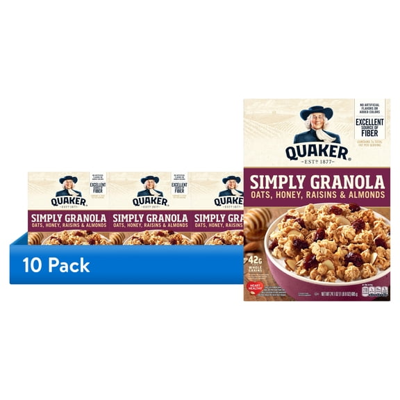 (10 pack) Quaker Simply Granola Breakfast Cereal, Oats Honey Raisins & Almonds, 24.1 oz Box