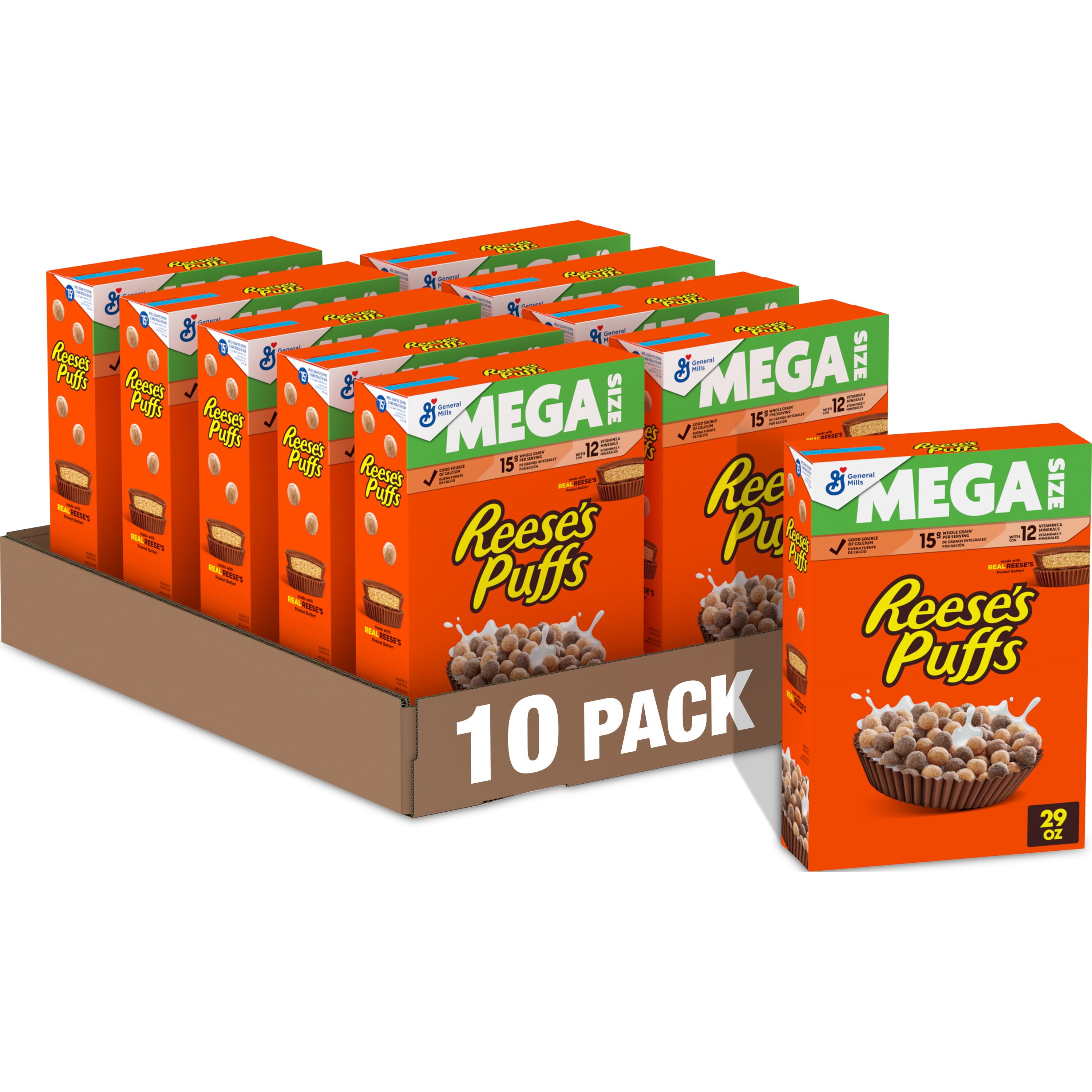 (10 pack) REESE'S PUFFS Mega Size Breakfast Cereal, Chocolatey Peanut Butter, 29 oz - Crunchy Corn Puffs