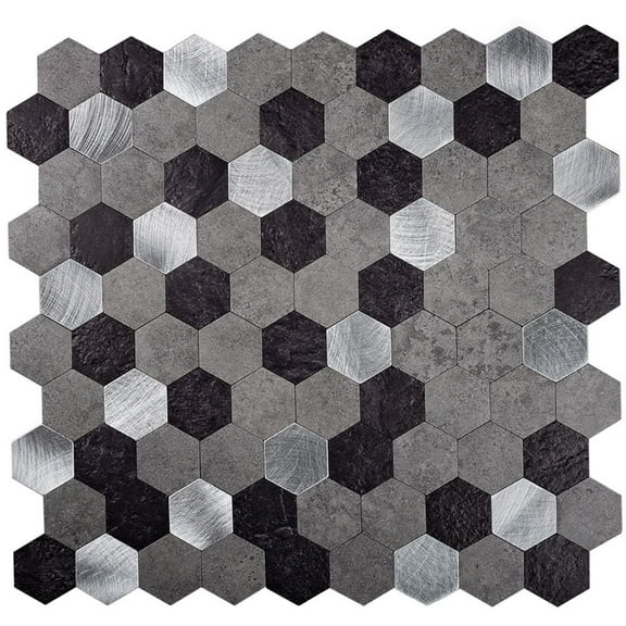 10 pack Silver Grey Hexagon Mix 11.25 in. x 11.25 in. Honed Peel and Stick Backsplash Tile for Kitchen and Bathroom(8.79 sq. ft. / Case)