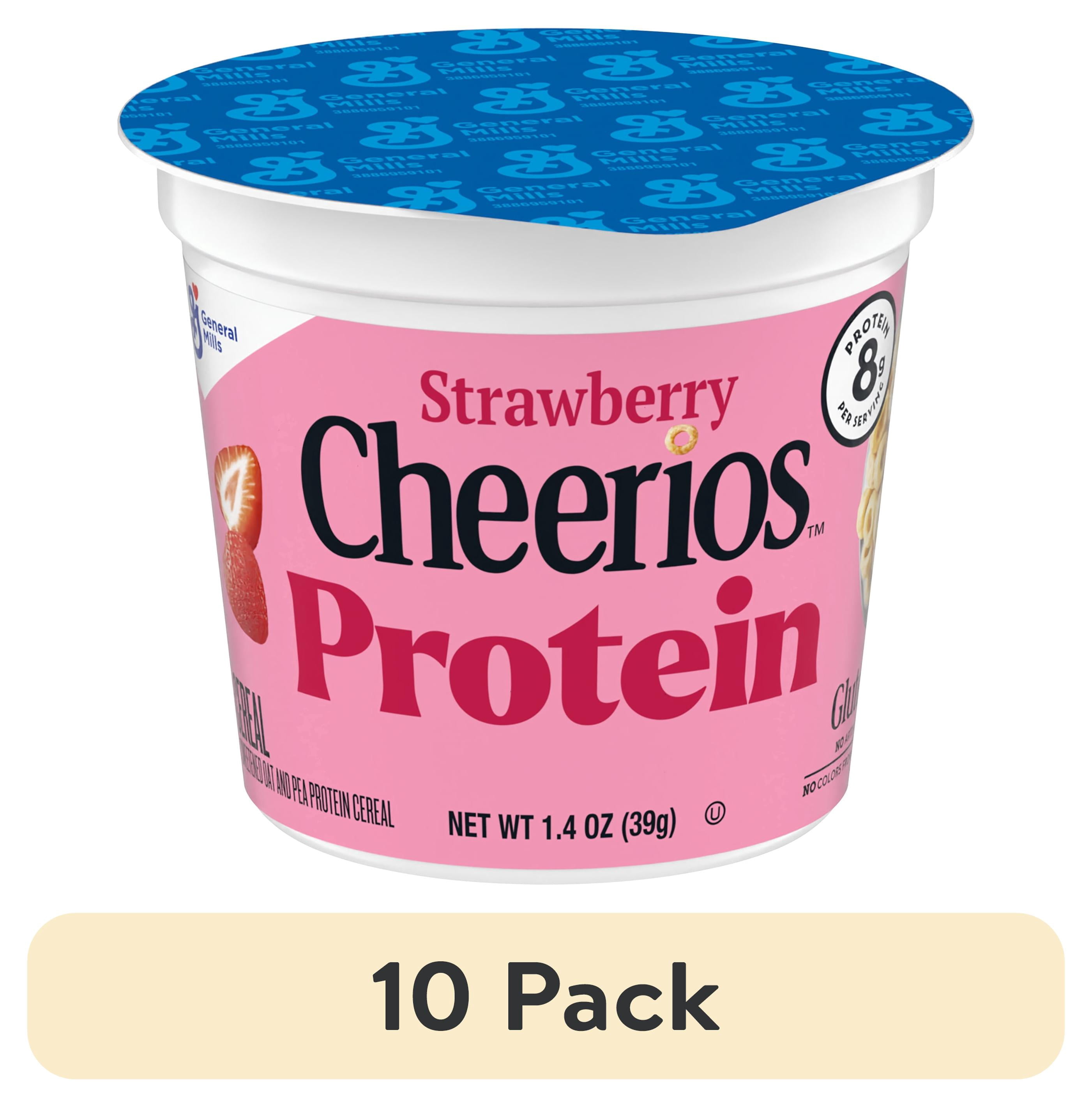 (10 pack) Strawberry Cheerios Protein, Breakfast Cereal Cup, Gluten Free Single Serve Cereal, 1.4 oz
