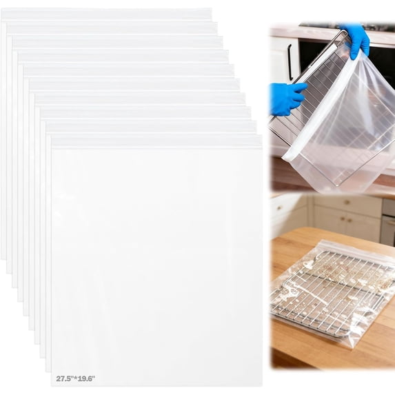 10 pack no-wipe oven rack cleaning bags 27.5*19.6 inches, no cleaner included, easy to use, no dirty hands, reusable leak-proof soak cleaning bags, suitable for removable metal racks, barbecue racks,
