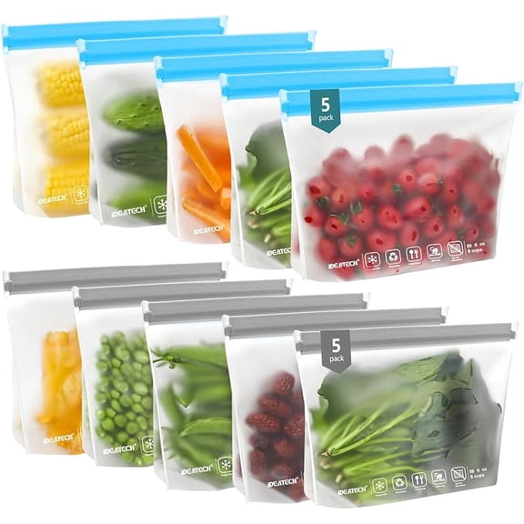 10-pack reusable quart freezer bags, food storage bags, can be stored upright | Dishwasher safe, leak-proof, BPA-free, food-grade material, freezer safe