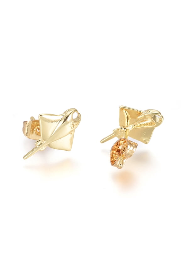 10 pair Brass Ear Studs with Earring Backs Manta Ray Shape Golden 14.5x11x2mm Pin: 0.9mm