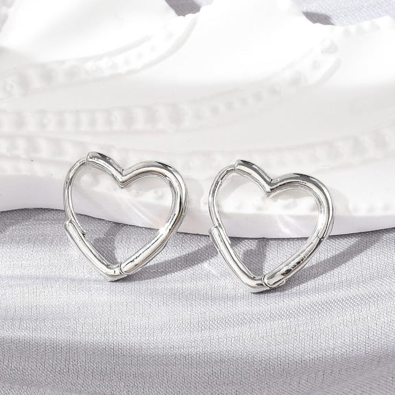 10 pair Brass Huggie Hoop Earrings Long-Lasting Plated Heart Platinum 14x15x1.5mm Pin: 1mm Brass