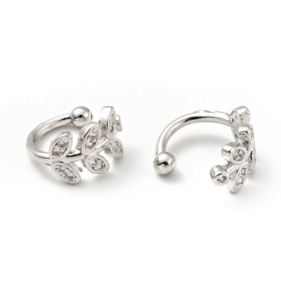 10 pair Clear Cubic Zirconia Leaf Cuff Earrings Brass Jewelry for Non-pierced Ears Cadmium Free & Lead Free Platinum 10x10.5x6mm