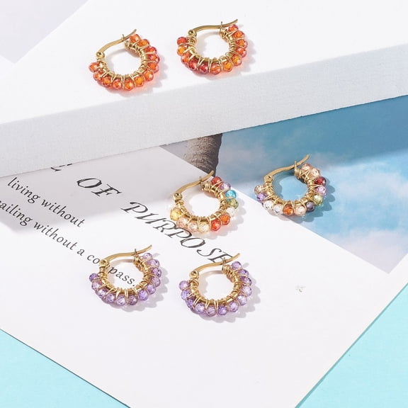 10 pair Cubic Zirconia Round Beads Hoop Earrings Wire Wrap 304 Stainless Steel Jewelry for Women Golden Mixed color 18.5x21x3mm Pin: 1x0.7mm