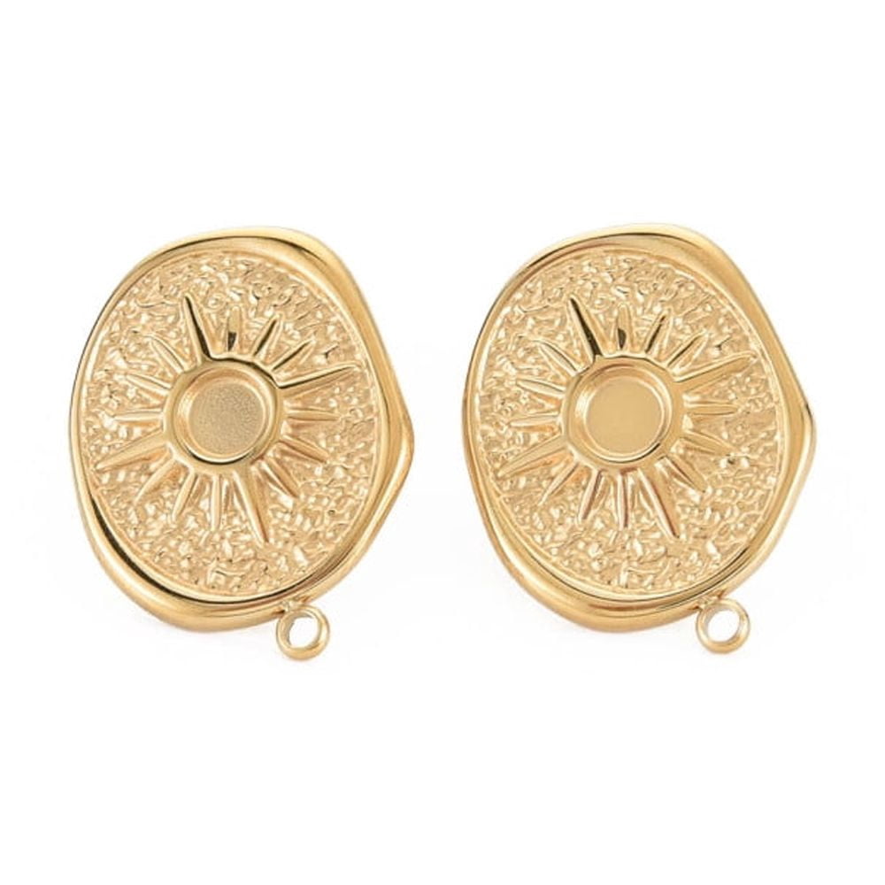 10 pair Ion Plating(IP) 304 Stainless Steel Stud Earring Findings Earring Setting for Enamel with Ear Nuts and Loop Oval with Sun Real 14K golden Plated 21x16mm Hole: 1.5mm Pin: 0.7mm Tray: 3.5mm