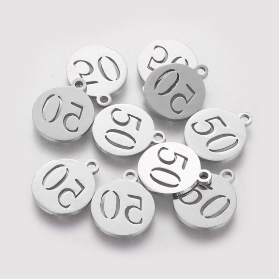 10 pc 201 Stainless Steel Charms Flat Round with Number 50 Stainless Steel Color 14.1x11.8x1mm Hole: 1mm