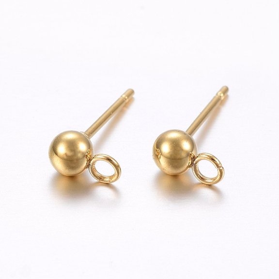 10 pc 304 Stainless Steel Ball Stud Earring Findings with Loop Round Golden 15x4mm Hole: 1.8mm