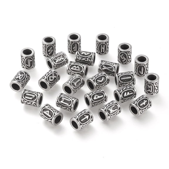 10 pc 304 Stainless Steel Beads Viking Runes Beads for Hair Beards Dreadlocks Hair Braiding Column with Rune/Futhark/Futhorc Antique Silver 13.5x10mm Hole: 6mm