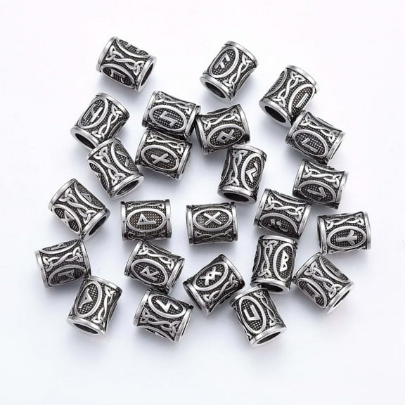 10 pc 304 Stainless Steel Beads Beads for Hair Beards Dreadlocks Hair Braiding Column with Futhark/Futhorc Silver 16x13mm Hole: 8mm